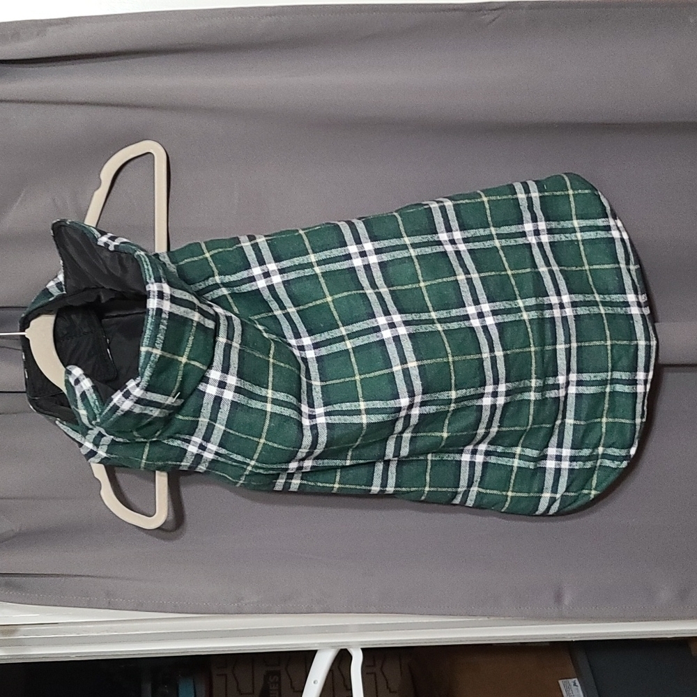 Large DOG Coat‎ Flannel Quilted Hook&Loop Green/White/Tan Plaid 27x21" EUC